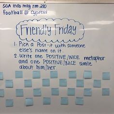 a white board with sticky notes attached to it that says friendly friday, pick a post - it with someone else's name on it