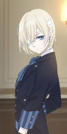 an anime character with blonde hair and blue eyes standing in front of a white wall