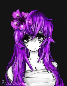 a drawing of a girl with purple hair and flowers in her hair, wearing a white dress