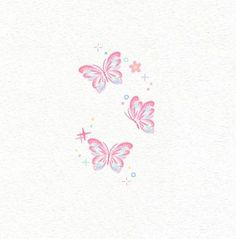 two pink butterflies flying in the air with stars around them on a white paper background