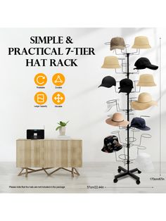 a hat rack with hats on it and the words simple & practical 7 tier hat rack