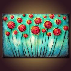 an abstract painting with red flowers on green and blue background, painted in acrylic paint