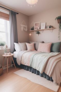 a bed sitting in a bedroom next to a window