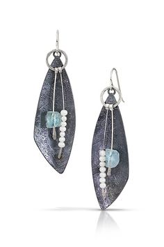 Aqua Big Lure Earrings by Tammy B (Silver, Pearl & Stone Earrings) Art Jewelry Earrings, Pebble Jewelry, Silver Wire Earrings, Silver Metal Clay, Aqua Stone, Bar Jewelry, Pearl Stone, Metal Clay Jewelry, Hammered Earrings