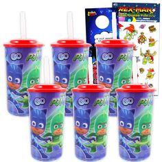 six plastic cups with matching lids and straws in front of an activity kit for kids