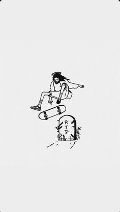 a black and white drawing of a person on a skateboard jumping over a grave