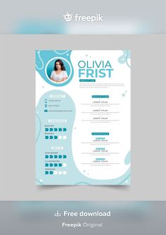 a blue and white resume template with an image of a woman in the water on it