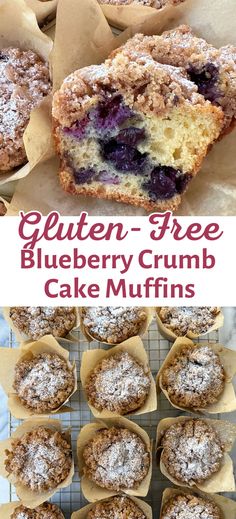 blueberry crumb cake muffins on a cooling rack with the words gluten - free blueberry crumb cake muffins