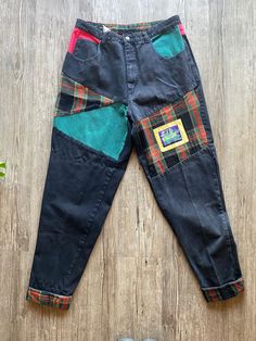 "90s ZipCode color block jeans. Labeled a size 38 the EXACT measurements are listed below for the perfect fit! DETAILS Era: 90's Material - Cotton  Approx Fit - Small  Brand - jordache MEASUREMENTS -garment laid flat - not doubled - non stretch denim Waist17.53\" Hip \" Front rise 14.5\" Back rise \" Inseam 31.5\" Length 44\"  Need help with measurements? http://www.wikihow.com/Size-Jeans CONDITION 9/10 great vintage condition. If you have any questions at all, do not hesitate to ask =) If you w Retro Patchwork Bottoms For Fall, Retro Multicolor Jeans With Pockets, 90s Reworked Bottoms For Streetwear, Hammer Pants, Jeans Patch, Plaid Jeans, 90s Colors, Double Denim, Fit Details