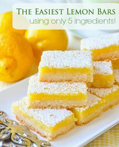 lemon bars are stacked on top of each other with the words, the easy lemon bars using only 5 ingredients