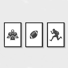 three black and white posters with footballs, helmets and other sports related items on them