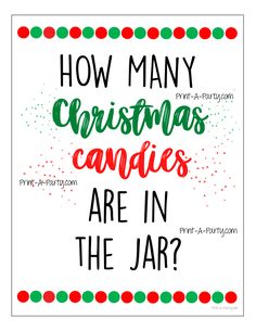 a christmas card with the words how many christmas candies are in the jar?