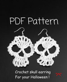 a pair of crochet earrings on a black background with the text free pattern