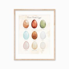 an art print with different colors of eggs in the shape of watercolors on paper