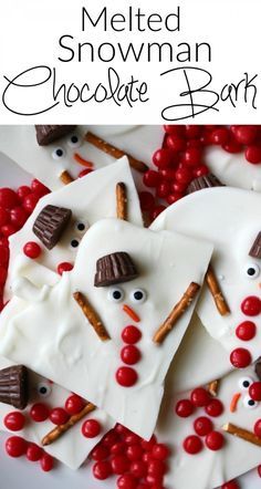 melted snowman chocolate barks are arranged on a plate