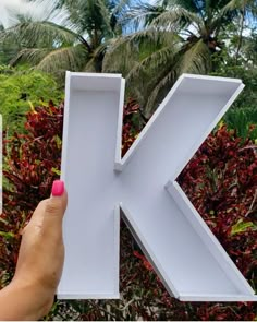 a person holding up the letter k in front of some bushes