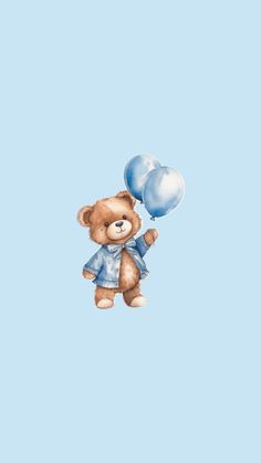 a brown teddy bear flying through the air with two blue balloons