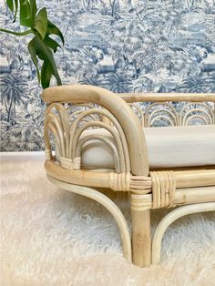 a rattan chair sitting on top of a white rug next to a potted plant