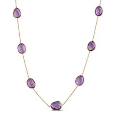 Add the perfect pop of color to your everyday favorites with this amethyst station necklace. The vibrant purple of each stone is a perfect pair with 14k yellow gold bezel settings on an elegant gold chain. This colorful gemstone station necklace makes a beautifully playful statement that’s sure to become a jewelry wardrobe staple piece. Jewelry Wardrobe, Staple Wardrobe Pieces, Vibrant Purple, Station Necklace, Metal Necklaces, Bezel Setting, Gemstone Colors, Gold Chain, Gold Chains