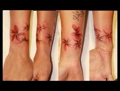 three different tattoos on the arms and legs of people with flowers tattooed on their arm