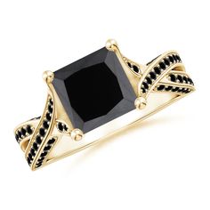 a gold ring with black diamonds on it