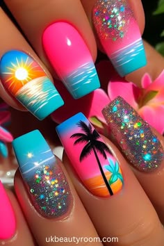 Cabo San Lucas Nail Ideas, Cute Vacation Nails The Beach, Neon Vacation Nails, Colorful Nail Art, Colorful Nail, Fancy Nails Designs, Vibrant Nails, Vacation Nails, Bright Nails