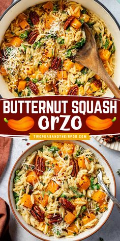 Creamy orzo with roasted butternut squash, kale, parmesan cheese, and garlic rosemary pecans. This cozy and comforting orzo can be served as a side dish or main dish and is perfect for Thanksgiving! Butternut Squash And Orzo Recipes, Butternut Squash Crockpot, Butternut Squash Orzo, Squash Orzo, Rosemary Pecans, Butternut Squash Kale, Creamy Orzo, Traditional Thanksgiving Dinner, Best Thanksgiving Recipes