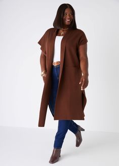 Sometimes all you need is the one extra piece to pull the whole look together. Layer your outfit with our luxe knit duster vest available in three colors. Chic Brown Outerwear For Loungewear, Fitted Open Front Vest For Fall, Chic Brown Knit Outerwear, Casual Open Front Fall Vest, Chic Open Front Fall Vest, Chic Knit Sweater Coat For Work, Chic Sleeveless Knit Outerwear, Chic Knit Outerwear For Layering, Chic Knit Sweater Coat For Layering