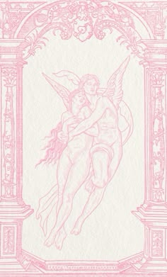 a drawing of an angel holding a woman's head in front of a pink frame