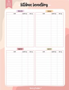 the printable kitchen inventory sheet is shown in pink and orange colors, with an image of