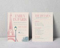 two wedding stationery cards with the eiffel tower in pink and blue on them