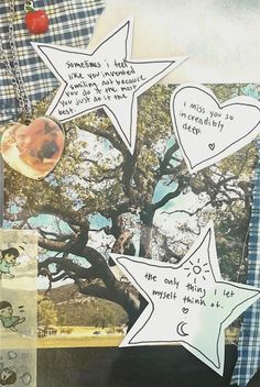 a collage with two hearts and three stars attached to the side of a tree