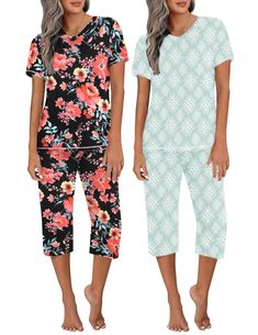 PRICES MAY VARY. 【Feature】Comfort and style come together perfectly with this pjs that has contrast color trimmed at the hem, cuff. Each 2 Pack sleepwear set includes a short-sleeved v neck pullover and a pair of capri pants for comfort. And the pant is designed with an elastic waistband. 【Material】The 4 piece lounge set made of soft material, it is super cozy and breezy. The fabric fits your body well and stretchable enough, allow more freedom to move and rollover in the bed. It is perfect in a Women's Sleepwear, Pants With Pockets, Womens Pyjama Sets, Sleepwear Sets, Short Pajama Set, Lounge Set, Pajama Sets, Sleepwear Women, V Neck Tops