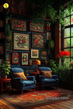 a living room filled with furniture and lots of pictures on the wall next to a window