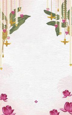 a pink background with flowers and beads hanging from it's sides, on top of a white sheet