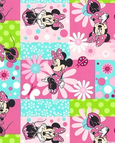 minnie mouse and ladybug squares on pink, green, blue, and white fabric