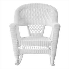 a white wicker chair with an armrest and foot rests on a white background