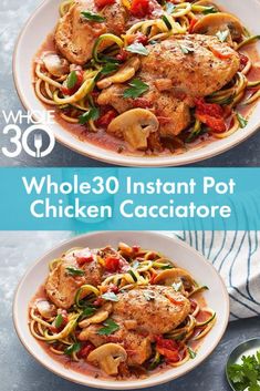 whole 30 instant pot chicken cacciatore is shown in two separate bowls with the same ingredients