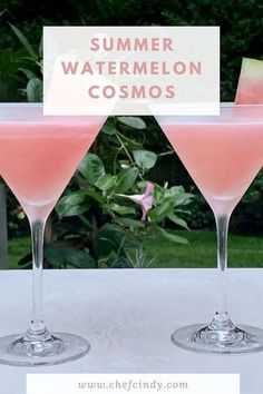 two pink cocktails sitting on top of a table next to each other with the words summer watermelon cosmos