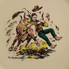 a drawing of a man riding on the back of a cow