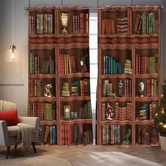 a living room filled with lots of bookshelves next to a window covered in curtains