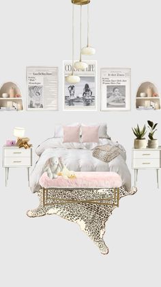 the bedroom is decorated in pink, white and gold colors with leopard print bedding