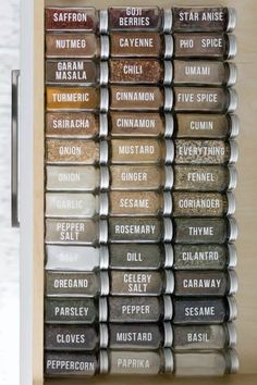 the spice rack is full of spices