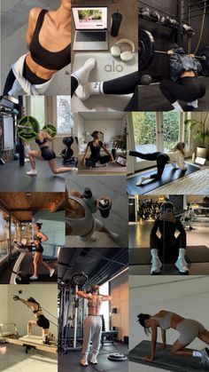 a collage of photos showing people doing different exercises