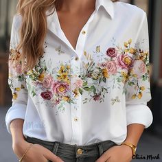 Olivia Mark - Womens Plus Size Floral Print Casual Blouse - Long Sleeve Button Up Lapel Collar Shirt Top Mix And Match Clothes, Painting On Fabric, Modest Dresses Fashion, Crochet Carpet, Clothes For Women Over 50, Best Tank Tops, Casual Long Sleeve Shirts, Stylish Plus, Linen Blouse