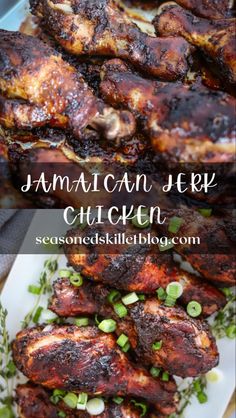 jamaican teriyan chicken on a white plate with green onions