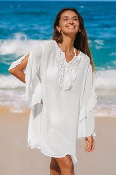 Enhance your beach look with our Ruffle Lace Trim Cover-Up Dress. The delicate ruffle and lace details add a touch of elegance to this versatile cover-up, making it perfect for a day at the beach or a seaside dinner. Product code: CAA07B4B017CC Features:  Long sleeve   Mini Length  Ruffle Lace Trims Wash Method: Regular Wash Material: 65%RAYON,35%POLYESTER. Summer Beachwear Cover-up With Lace Trim, V-neck Beach Dress With Lace Trim As Cover-up, Lace Trim Beach Cover-up Dress, Lace Beachwear Cover-up For Beach, Chic Lace Cover-up For Beach Season, Chic Lace Trim Beach Cover-up, White Cover-up For Brunch During Beach Season, Beachy Lace Dresses For Vacation, Summer Dress With Lace Trim For Beach