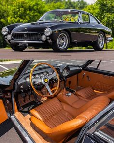 two pictures of an old car with leather seats and dashboards, one showing the interior