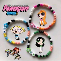 the powerpuff girls beaded bracelets are shown in three different colors and designs