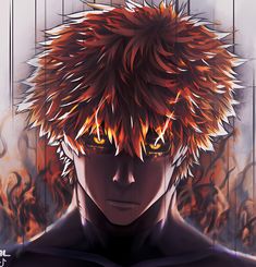 an anime character with red hair and yellow eyes looking at the camera while surrounded by flames